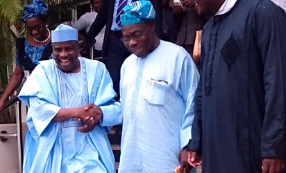 L-R: Speaker of the House of Representatives, Hon Aminu Waziri Tambuwal, former President Olusegun Obasanjo and Deputy Minority Leader of the House, Hon Kawu Sumaila during the Speaker's visit to Obasanjo today in Abeokuta.