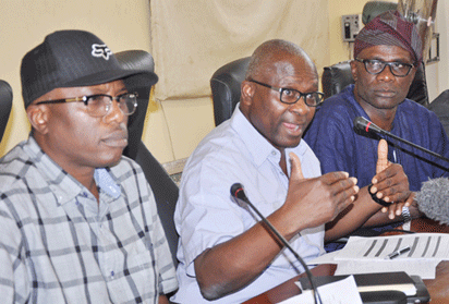 L-r: Dr. Wale Ahmed, Lagos State Commissioner for Special Duties; Dr. Jide Idris, Commissioner for Health, and Mr. Remi Ibirogba, Commissioner for Information and Strategy , during the press briefing on the Ebola Virus Disease in Lagos, yesterday. Photo: Bunmi Azeez.