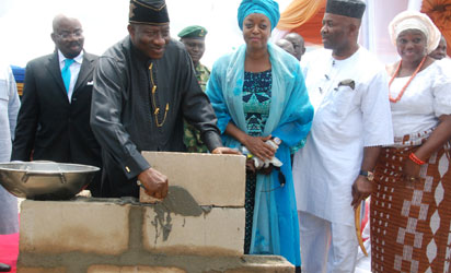 L-R; Chairman of the Quantum Petrochemical Complex Mr. Jim Ovia,President Goodluck Jonathan, Minister Of Petroleum Resources Deziani Alison-Madueke, Akwa Ibom State Governor, Godswill Akpabio and his Wife Mrs. Ekaete Unoma Akpabio, during the Ground Breaking Ceremony of the Quantum Petrochemical Complex, held at the Ibeno Local Government Area, Akwa Ibom State yesterday
