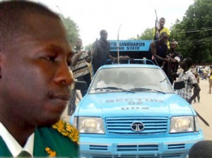 INSECURITY—Right: Members of local vigilante called Civilian Jtf on patrol in Maiduguri, Borno State, yesterday. Left: Lt. Col. Adeboye Obasanjo. Photos: NAN/Sahara Reporters.