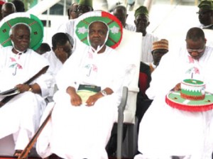 Pix From Left; Chief Oladode George, Arc Namadi Sambo, Vice President of Nigeria, President Goodluck Jonathan, During the South West Sensitization/ Unity Rally by Peoples Democatic Party, On Saturday 20-9-2014, At Tafawa Balewa Square, Onikan Lagos. PHOTO; Kehinde Gbadamosi
