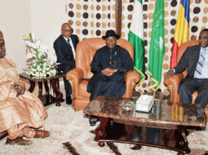 MEETING: From right; President Idriss Deby of Chad; President Goodluck Jonathan and former governor of Borno State, Senator Ali Modu Sheriff at a meeting in Chad on Monday. Photo: NAN.