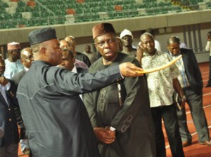 •Governor Godswill Akpabio and Paul Bassey at the Uyo International Stadium.