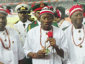 AKWA IBOM STADIUM President of Ghana John Mahama, President Goodluck Jonathan, and President of Cote D’lvoire Alhassan Ouattarra during the commissioning ceremony of the 30,000 Capacity Akwa Ibom International Stadium, held in Uyo, Akwa Ibom State. Photo by Abayomi Adeshida