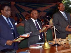 Brother Godwin Ifeacho, Chairman, Executive Board, God's Kingdom Society, GKS (middle); Bro. F. E. Adedokun, Vice Chairman (left); and Bro. T?. M. Ekiseowei, Secretary, officiating at the Feast of Tabernacles.
