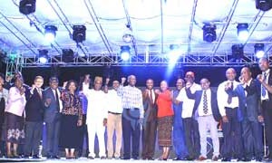 Governor Babatunde Fashola of Lagos State, members of the state executive council and the sponsors of the Lagos Countdown 2014 at the Lagos Countdown Festival of Light held on Monday at the Bar Beach, Lagos.