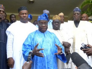 From Left Governor of Bauchi State, Ishaya Aguda, Godwin Akpabio of Akwa Ibom State former President of Nigeria Chief Olusegun Obansajo, Muhazu Aliu Babagida of Niger State, Sule Lamido of Jigawa State and Liwel Imoke of Cross River State during the visit to Chief Olusegun Obasanjo at his Hill Top Resident GRA Ibara, Abeokuta on the 4th December, 2014. PHOTO WUMI AKINOLA