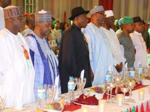 PDP FUND From left Senate President Senator David Mark, Vice President Arc. Namadi Sambo President Goodluck Jonathan, National Chairman of Peoples Democratic Party PDP Alh. Adamu Muazu, Chairman PDP Board of Trustee Chief Tony Anineh , Deputy Speaker Chief Emeka Ihedioaha and the Party Deputy National Chairman Prince Uche Secondus at for the Party Fund Raising Dinner at the State House Abuja Saturday 20th 12 2014 STATE HOUSE PHOTOS