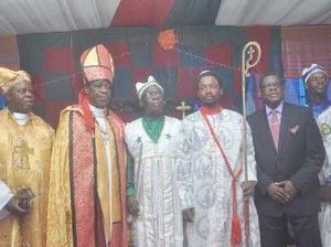 Bishop of Christ the Light, Dr. Gabriel Faleye, Bishop of Goodnews Miracle Bible Church, Bishop George Amu, Chairman OAIC, Dr. David Onanuga, ordained Baba Aladura of Motailatu Church Cherubim & Seraphim, Elder Israel Akinadewo (Omo Eri) and chairman, CAN, Lagos chapter, Apostle Alex Bamgbola during the enthronement service.