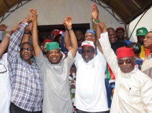 presentation: From left, former Governor of Imo State, Chief Ikedi Ohakim; Deputy Speaker and PDP Governorship Candidate in Imo State, Hon. Emeka Ihedioha, his running mate, Hon. Chuma Nnaji, and Chief Ozichukwu Chukwu, during the presentation of Ihedioha to the people of Isiala/Ehime Mbano Local Government Area, by Chief Ikedi Ohakim, yesterday.