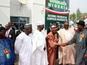 CAMPAIGNS—Above: President Goodluck Jonathan being received by Vice President Namadi Sambo, while the PDP National Chairman, Adamu Mu'azu (2r); Chief Tony Anenih (3l); Senator David Mark and Alhaji Ahmadu Ali (l) watch as the President arrived to inaugurate his campaign committee at the National Presidential Campaign Headquarters, Legacy House, Abuja, yesterday.