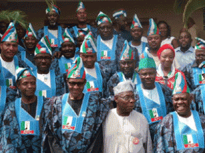 File: APC chieftains with Obasanjo yesterday during Buhari's presidential campaign to Abeokuta.