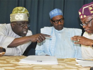 APC Joint Leadership Meeting: From left, APC National Leader Senator Bola Ahmed Tinubu discussing with APC Presidential Candidate Gen. Muhammadu Buhari and National Chairman of APC Chief John Oyegun during APC Joint Leadership Meeting held in Abuja. Photo by Gbemiga Olamikan.