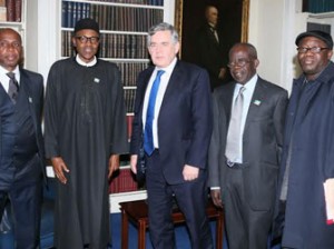 BUHARI AT CHATHAM HOUSE—From left: Governor Rotimi Amaechi of Rivers State; Gen. Muhammadu Buhari (Retd); former British Prime Minister, Gordon Brown; APC national leader, Bola Ahmed Tinubu and former Governor of Ekiti State, Kayode Fayemi at Chatham House, London, yesterday.