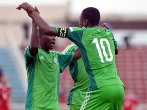 CHEERS! . . . Golden Eaglets captain Kelechi Nwakali celebrates with a teammate after beating Niger Republic 2-0 at CAF U-17