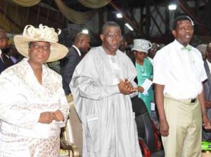 President Jonathan with Pastor & Pastor(Mrs) Adeboye at Holy Ghost Service, Redemption Camp, Friday
