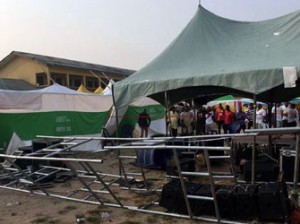*Upturned canopy, broken equipment at venue of the rally following the attack and stampede