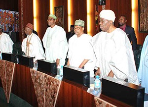 Former Heads of State — Chief Ernest Sonekan, General Ibrahim Babangida, General Muhammadu Buhari, Alhaji Shehu Shagari, General Yakubu Gowon, Alhaji Aminu Tambuwal, Speaker, House of Representatives, and Senate President, David Mark during the National Council of State meeting held at the State House, Abuja, yesterday. Inset: From left: President Goodluck Jonathan, Shagari and Babangida, discussing after the meeting. Photos: Abayomi Adeshida/State House.