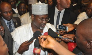 Senate Questions Jega: INEC Chairman Prof. Attahiru Jega addressing pressmen shortly after interactive session with Senators at  Senate Chamber  at National Assembly Abuja.  Photo by Gbemiga Olamikan.