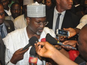 Senate Questions Jega: INEC Chairman Prof. Attahiru Jega addressing pressmen shortly after interactive session with Senators at Senate Chamber at National Assembly Abuja. Photo by Gbemiga Olamikan.