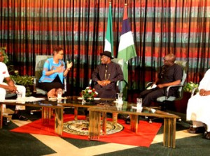 President Jonathan with Ibanga Isine, Adesuwa Onyenokwe, Deji Badmus & Ibrahim Sheme..during a presidential media chat today.