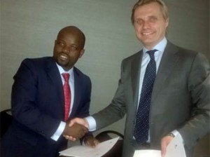From left:Jean Philbert Nsengimana, Minister, Youth and ICT, Rwanda and Fredrik Ledling, President, Ericsson, Sub-Sharan Africa yesterday at the signing in of Memoranda of Understanding between Ericsson and Government of Republic of Rwanda on smart city initiative at the ongoing Mobile World Congress holding in Barcelona, Spain. Photo by Emeka Aginam