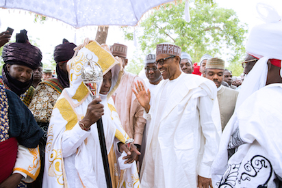 President Buhari, the Emir of Daura, Alhaji Umar Farouk Umar and Magajin Gari   of Daura Alhaji Musa Umar at the Eid-El-Kabir Prayer in Daura Katsina on 12th Sep   2016
