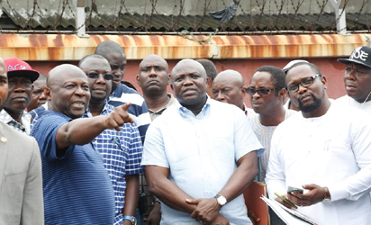 Lagos State Governor, Mr. Akinwunmi Ambode (3rd right); pointing to a place   of interest, Managing Partner, Consultants Collaborative Partnership (CCP), Mr.   Tayo Babalakin (2nd right); C.E.O, Quattro Alchemy, Arch. Aderoju Ademoroti   (right); Special Adviser on Transportation, Prince Anofi Elegushi (right behind);   Commissioner for Waterfront Infrastructure Development, Engr. Adebowale Akinsanya   (left), his Physical Planning & Urban Development, Tpl. Wasiu Anifowose (2nd   left) and Special Adviser on Lagos Global, Prof. Ademola Abass (3rd left) during   the inspection of Ultra Modern Bus Terminal at Tafawa Balewa Square (TBS), on   Sunday, 