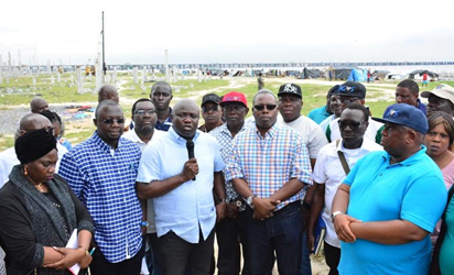 L-R: Lagos State Governor, Mr. Akinwunmi Ambode (3rd left); Permanent   Secretary, Ministry of Physical Planning & Urban Development, Mrs. Boladele   Dapo-Thomas; Special Adviser on Lagos Global, Prof. Ademola Abass; Commissioner   for Housing, Mr. Gbolahan Lawal; Special Adviser, Public Works Corporation, Engr.   Ayotunde Sodeinde; Commissioner for the Environment, Dr. Babatunde Adejare and   other State Officials during the inspection of the Ilubirin Lagos HOMS at Lagos   Island on Sunday.