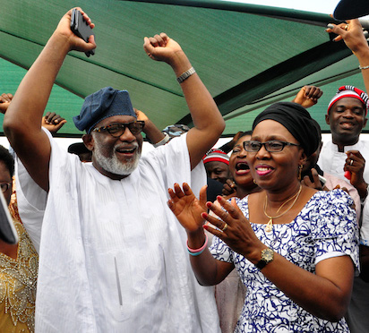 Rotimi Akeredolu and his wife Betty jubilating at his residence in Owo after the declaration of the result by INEC.PHOTO;AKEEM SALAU