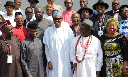 FOR THE NIGER DELTA—From left: Former governor of Akwa Ibom State, Obong Victor Attah; Vice-President Yemi Osinbajo, President Muhammadu Buhari, Niger Delta Leader, Chief E.K Clark and former Presidential Adviser on Legislative Matters, Senator Florence Ita-Giwa, during the meeting between the Presidency and Pan-Niger Delta Stakeholders on lasting peace in the region at the Aso Chambers, State House, Abuja, yesterday. Photo: Abayomi Adeshida.