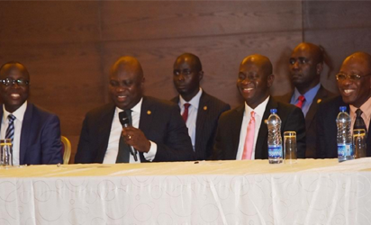    Lagos State Governor, Mr. Akinwunmi Ambode (2nd left), with Commissioner for   Finance/Economic Planning & Budget, Mr. Adeyemi Ashade (2nd left); his   counterpart for Energy & Mineral Resources, Mr. Wale Oluwo (2nd right) and   Permanent Secretary, Ministry of Finance, Mr. Taiwo Ogunleye during the Governor's   meeting with investors on Bond Issuance at the Eko Hotel & Suites, Victoria   Island, Lagos