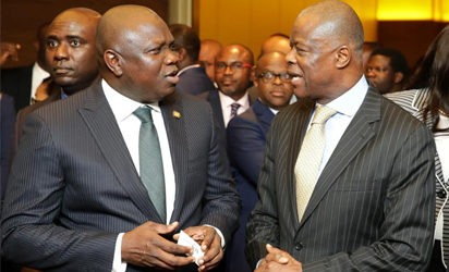    Lagos State Governor, Mr. Akinwunmi Ambode (left), with former State Commissioner   for Finance, Mr. Olawale Edun during the Governor's meeting with investors on Bond   Issuance at the Eko Hotel & Suites, Victoria Island, Lagos, on Thursday,   December 8, 2016.