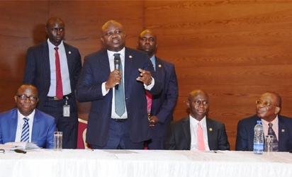    Lagos State Governor, Mr. Akinwunmi Ambode (2nd left), with Commissioner for   Finance/Economic Planning & Budget, Mr. Adeyemi Ashade (2nd left); his   counterpart for Energy & Mineral Resources, Mr. Wale Oluwo (2nd right) and   Permanent Secretary, Ministry of Finance, Mr. Taiwo Ogunleye during the Governor's   meeting with investors on Bond Issuance at the Eko Hotel & Suites, Victoria   Island, Lagos.