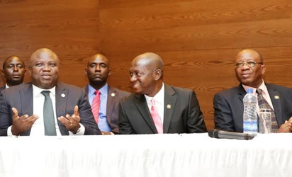    L-R: Lagos State Governor, Mr. Akinwunmi Ambode, with Commissioner for Energy   & Mineral Resources, Mr. Wale Oluwo and Permanent Secretary, Ministry of   Finance, Mr. Taiwo Ogunleye during the Governor's meeting with investors on Bond   Issuance at the Eko Hotel & Suites, Victoria Island, Lagos.