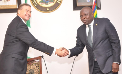 Lagos State Governor, Mr. Akinwunmi Ambode (right), in a warm handshake with   US Ambassador to Nigeria , Mr. Stuart Symington during a courtesy visit to the   Governor at the Lagos House,Ikeja, on Thursday, December 8, 2016.  
