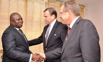 L-R: Lagos State Governor, Mr. Akinwunmi Ambode, with US Ambassador to   Nigeria, Mr. Stuart Symington  and US Consul General in Lagos, Mr. John Bray   during a courtesy visit to the Governor at the Lagos House,Ikeja.