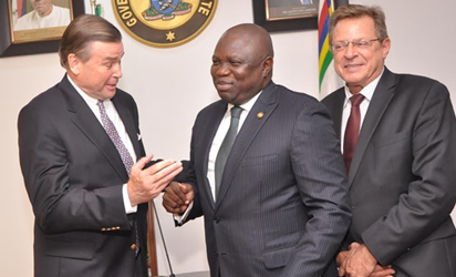 Lagos State Governor, Mr. Akinwunmi Ambode (middle), with US Ambassador to   Nigeria, Mr. Stuart Symington (left) and US Consul General in Lagos, Mr. John Bray   (right) during a courtesy visit to the Governor at the Lagos House,Ikeja.