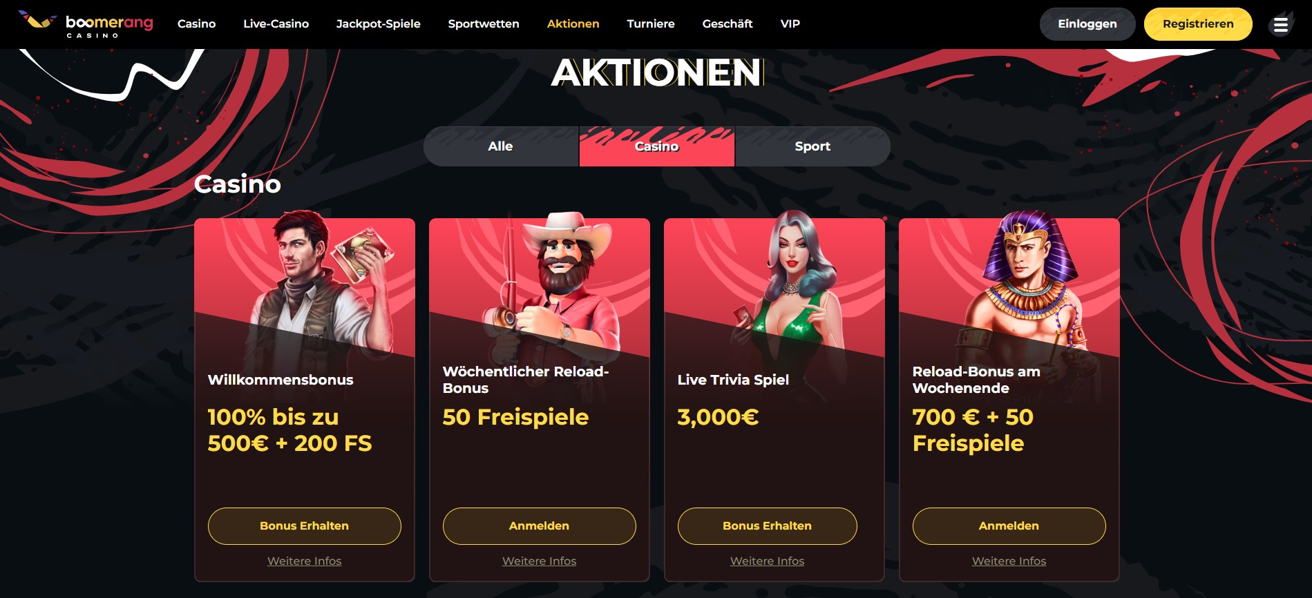 Boomerang Casino Startseite mit Spielauswahl und Promotions