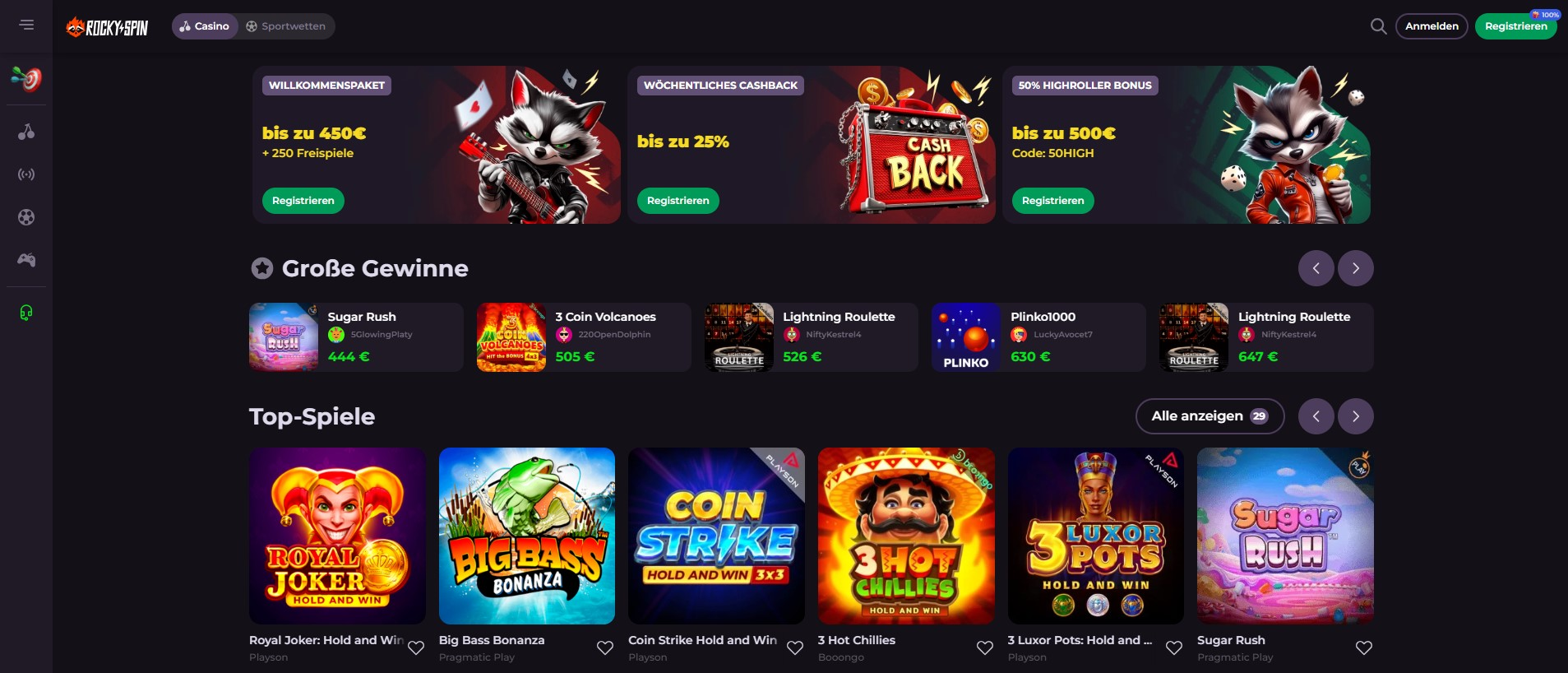 Rocky Spin casino homepage