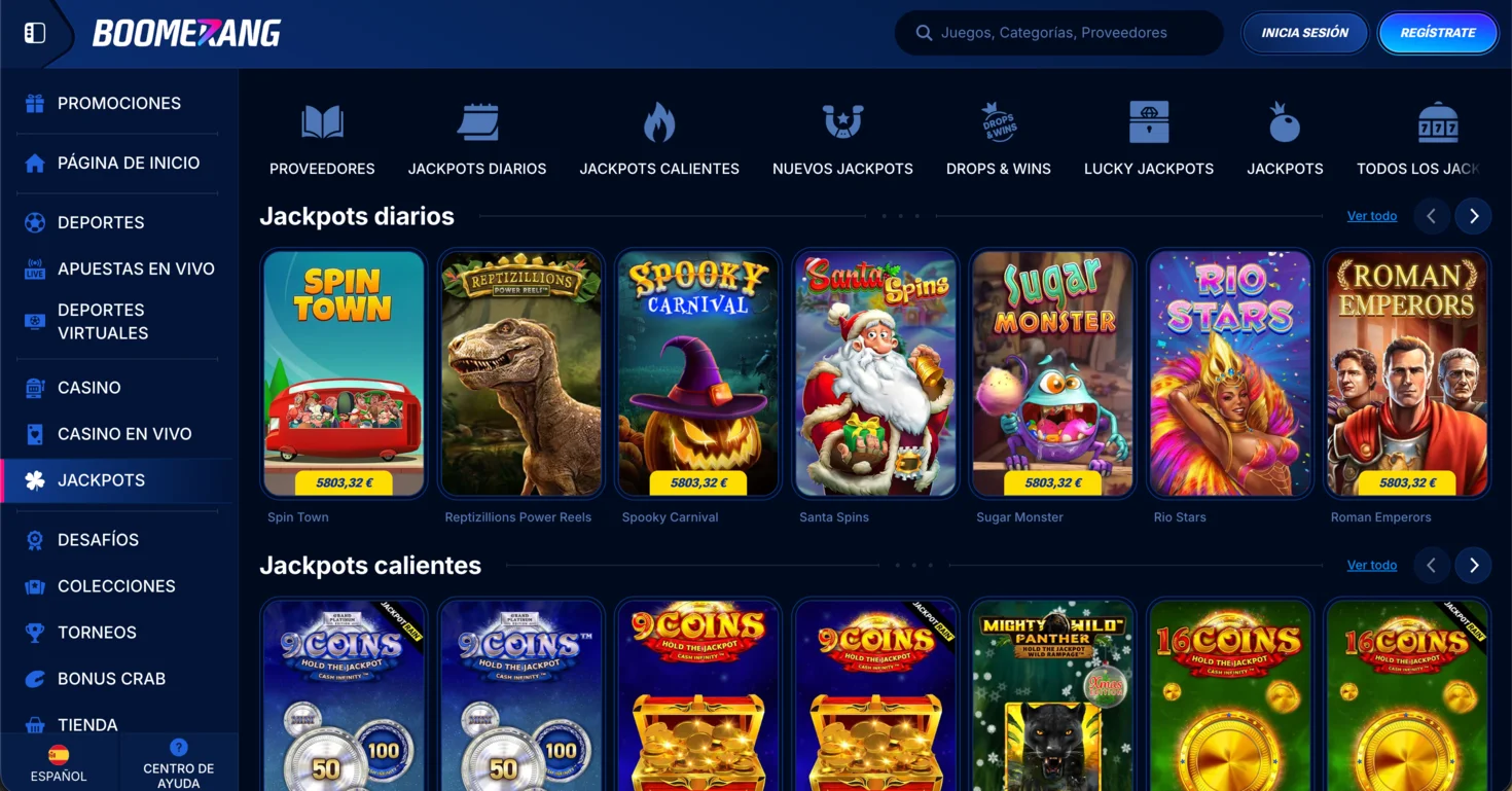 Ansicht der progressiven Jackpot-Slots im Boomerang Casino, die hohe Gewinnpotenziale anzeigen