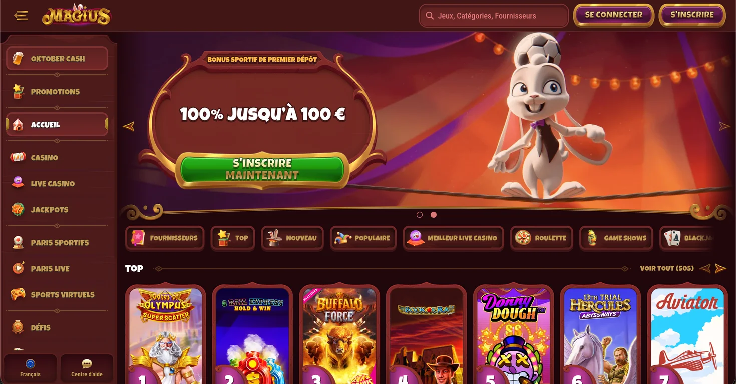Screenshot der Hauptseite des Magius Casino mit Spielauswahl und Promotions
