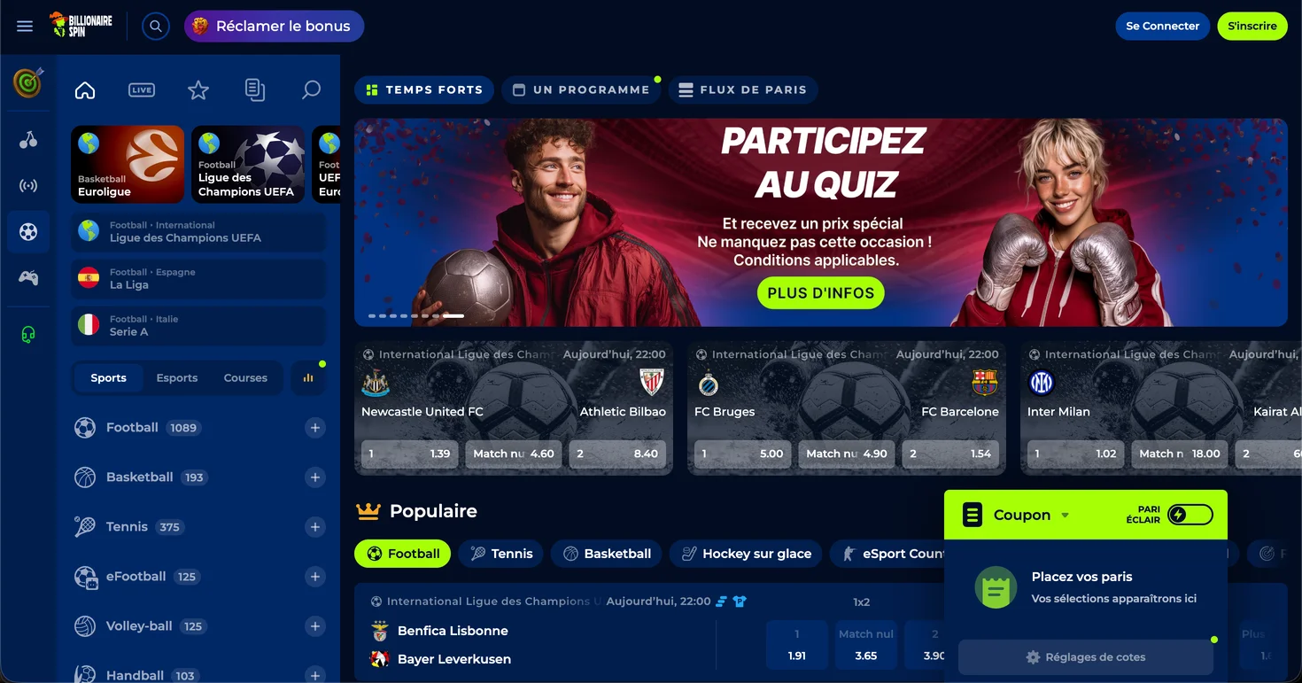 Page des paris sportifs Billionairepsin