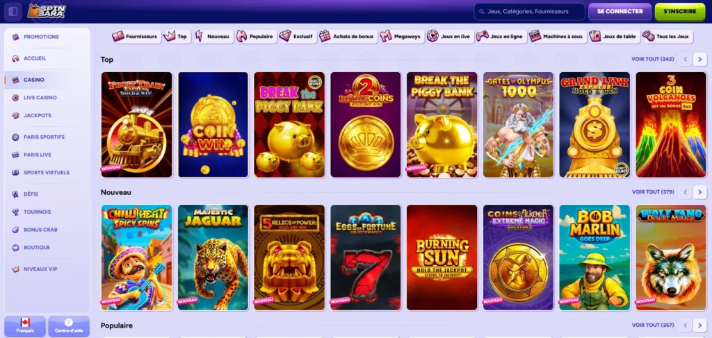Jeux au Spinbara Casino