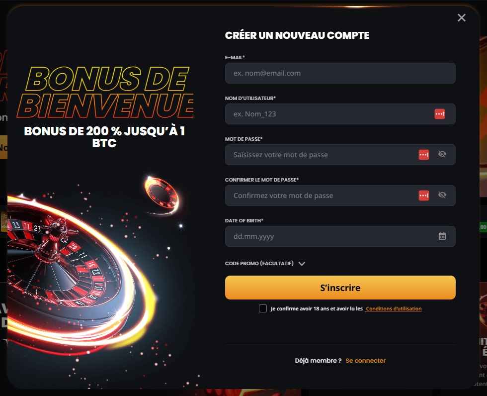 Interface d'Instant Casino Connexion montrant des jeux et des options de bonus
