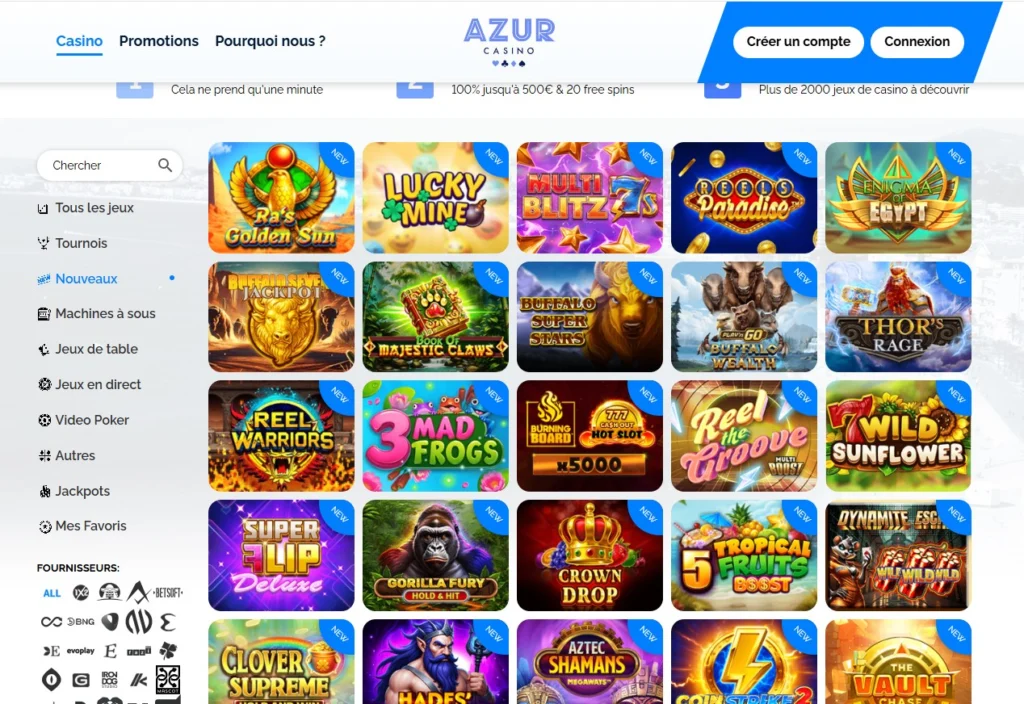 Interface du site Azur Casino montrant les machines à sous et le menu de navigation