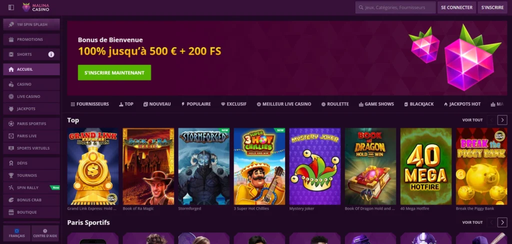 Interfaz de Malina casino mostrando tragamonedas y ruleta en línea