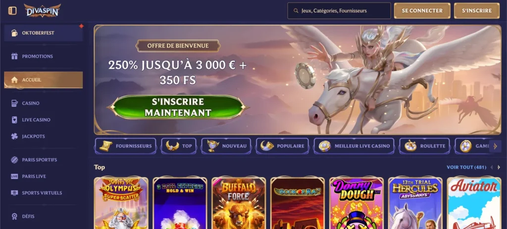 DivaSpin Casino capture d'écran de la page principale
