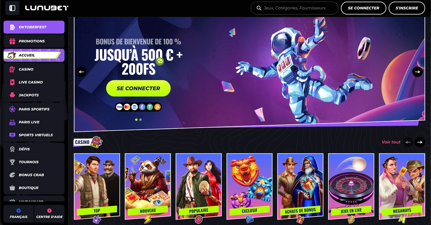 Page principale du casino Lunubet