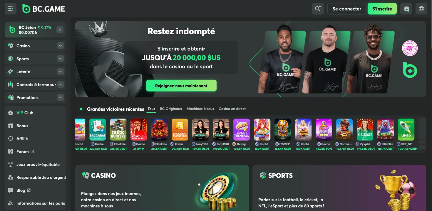 Capture d'écran du lobby du casino BC.Game